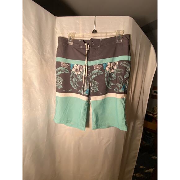 Mens Goodfellow and Co. Swim Bathing Trunks, 33 waist, Hawaiian Floral Aqua Gray - Picture 2 of 14